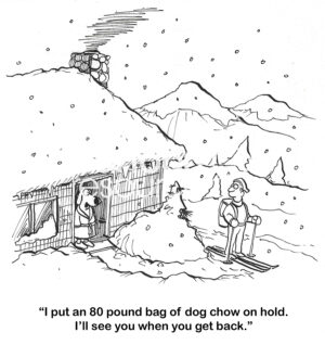 BW cartoon of a snowstorm and a dog in a robe talking with its owner. The owner is on skis. The dog wants an 80 pound bad of chow brought back.