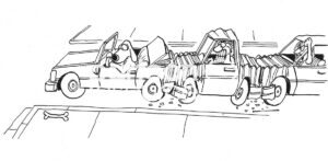 BW cartoon of a dog slamming on his car brakes when he sees a bone. This leads to two other rear-ends.