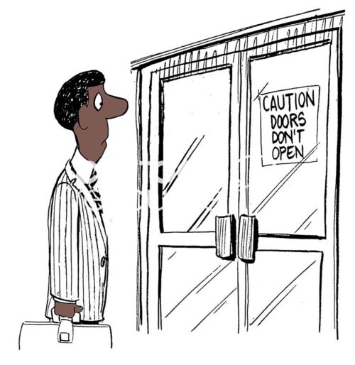 BW cartoon illustration of: Caution, Doors Do Not Open, for African American male.