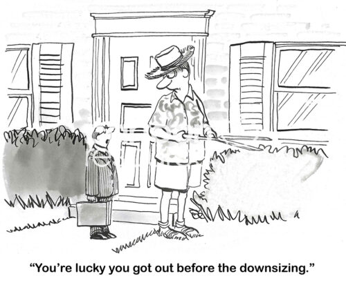BW cartoon showing that the company downsizing actually reduced the physical size of its past employees.