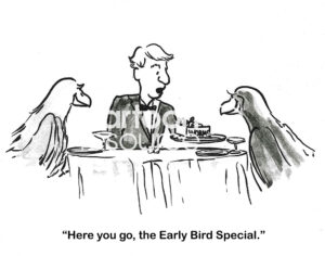 BW cartoon of a bird couple at an early restaurant dinner. They get the worms.