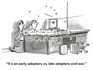 BW cartoon of early adopters and late adopters shooting at each other.