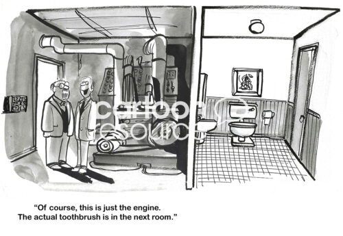 BW cartoon of a room larger than the bathroom required to run the electric toothbrush.