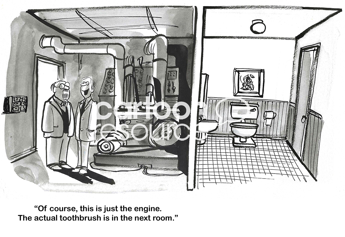 BW cartoon of a room larger than the bathroom required to run the electric toothbrush.