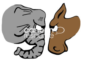 BW cartoon of an angry looking donkey facing down an angry looking elephant.