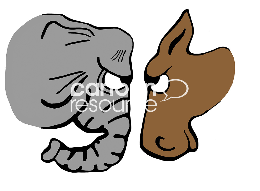 BW cartoon of an angry looking donkey facing down an angry looking elephant.