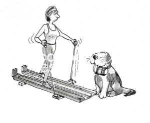 BW cartoon of a woman sliding on indoor skis with a mountain dog ready to aid if needed.