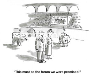 BW cartoon of two professionals in a forum with lions, it does not look promising.