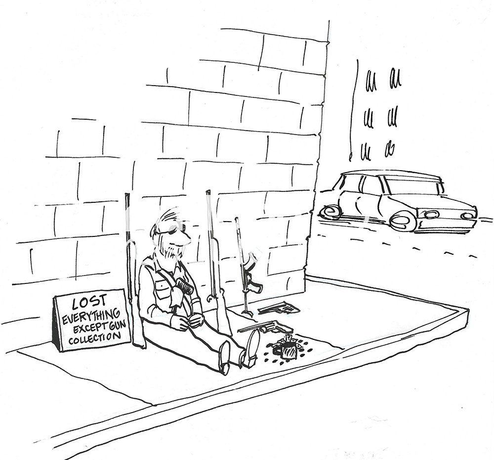 BW cartoon illustration of a homeless man. The only thing he has left is his gun collection.