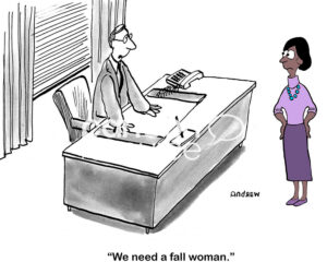 Color cartoon of a Company that needs a fall woman who is African American