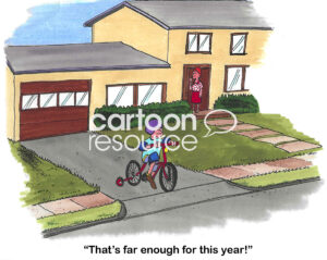 Color cartoon of a young boy on his bike in the driveway. His mother tells him that is far enough for this year.
