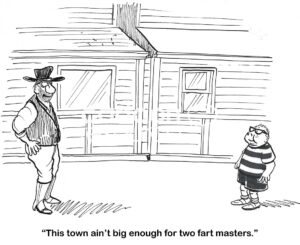 BW cartoon of an old west town where two people are going to have a shootout over two fart masters.