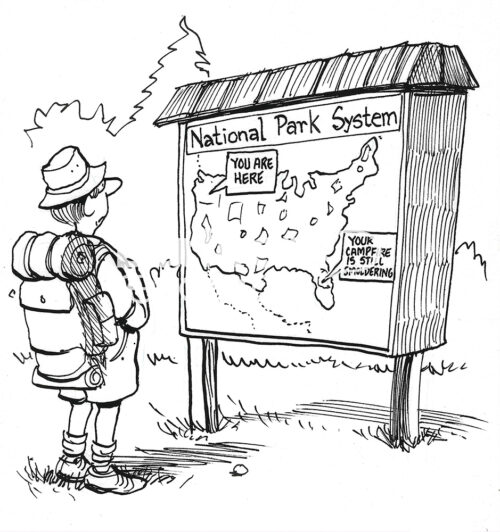 BW cartoon of a hiker in Washington whose campfire is still burning in Florida.