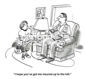 BW cartoon of a young male football player telling his Dad he hopes the Dad has gotten insurance on him.