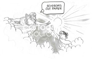 BW cartoon of God playing 'rock, paper, scissors' with male human.