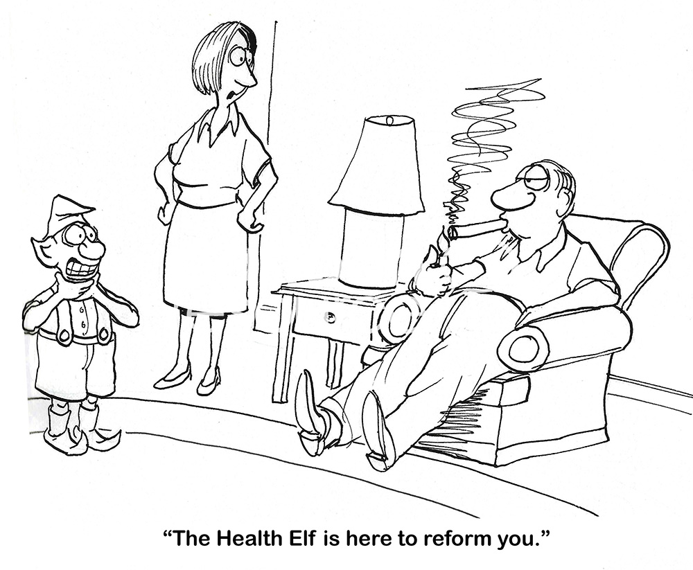 BW cartoon of a Health Elf who wants to reform a cigar smoker.