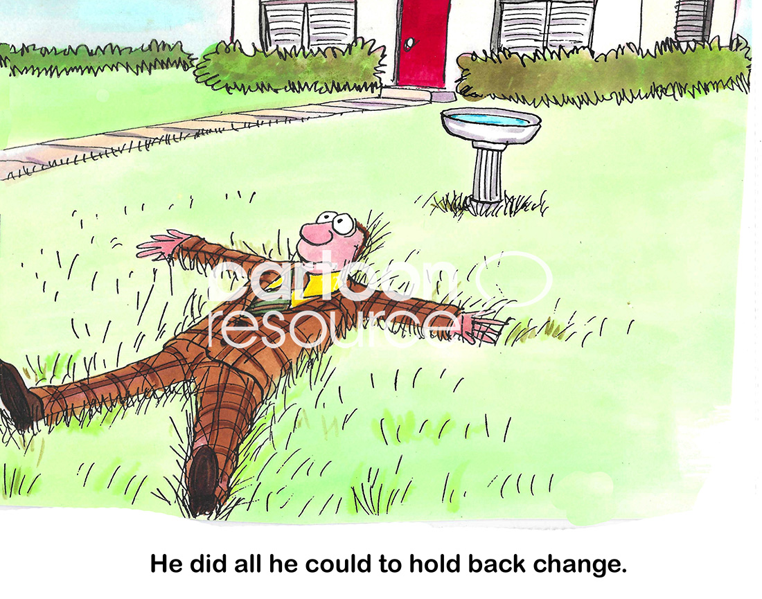 Color cartoon of a man who dislikes any change, including grass growing.