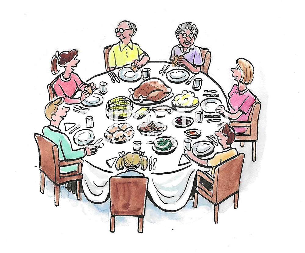 Color cartoon illustration showing a caucasian family and their grandparents at a holiday meal.