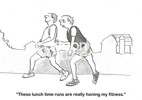 BW cartoon of two professionals running at lunchtime. Only one enjoys it.