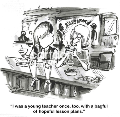 BW cartoon of a baby boomer woman and a Gen Z woman talking in a bar about teaching. The baby boomer is saying she used to be hopeful about teaching once, also.
