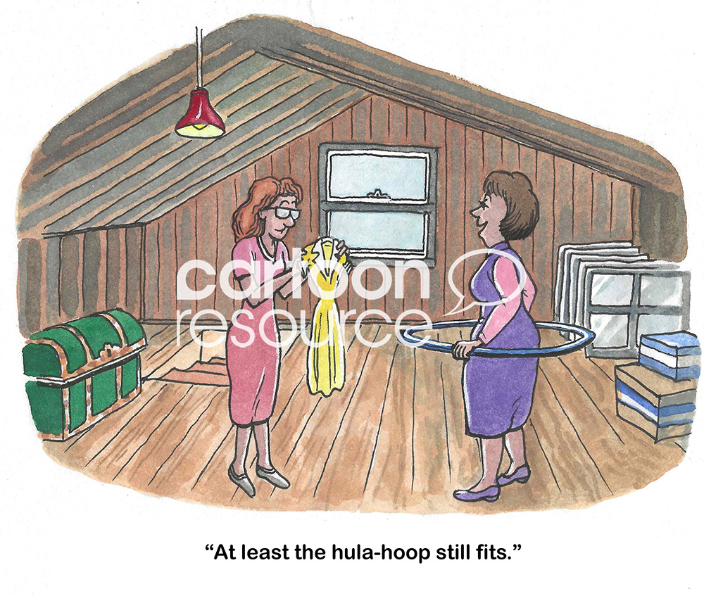 Color cartoon of two women looking at items from 20 years ago. At least the hula-hopp still fits.