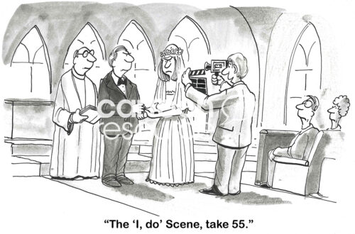 BW cartoon of a couple at the marriage alter. Their photographer is on take 55 of this scene.