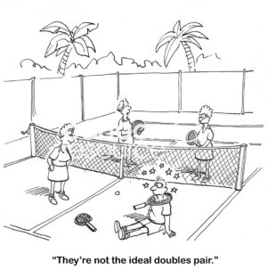 BW cartoon of a tennis doubles pair who, unfortunately, do not get along.