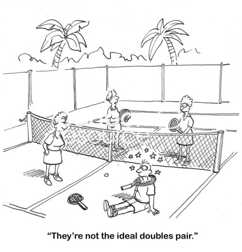 BW cartoon of a tennis doubles pair who, unfortunately, do not get along.