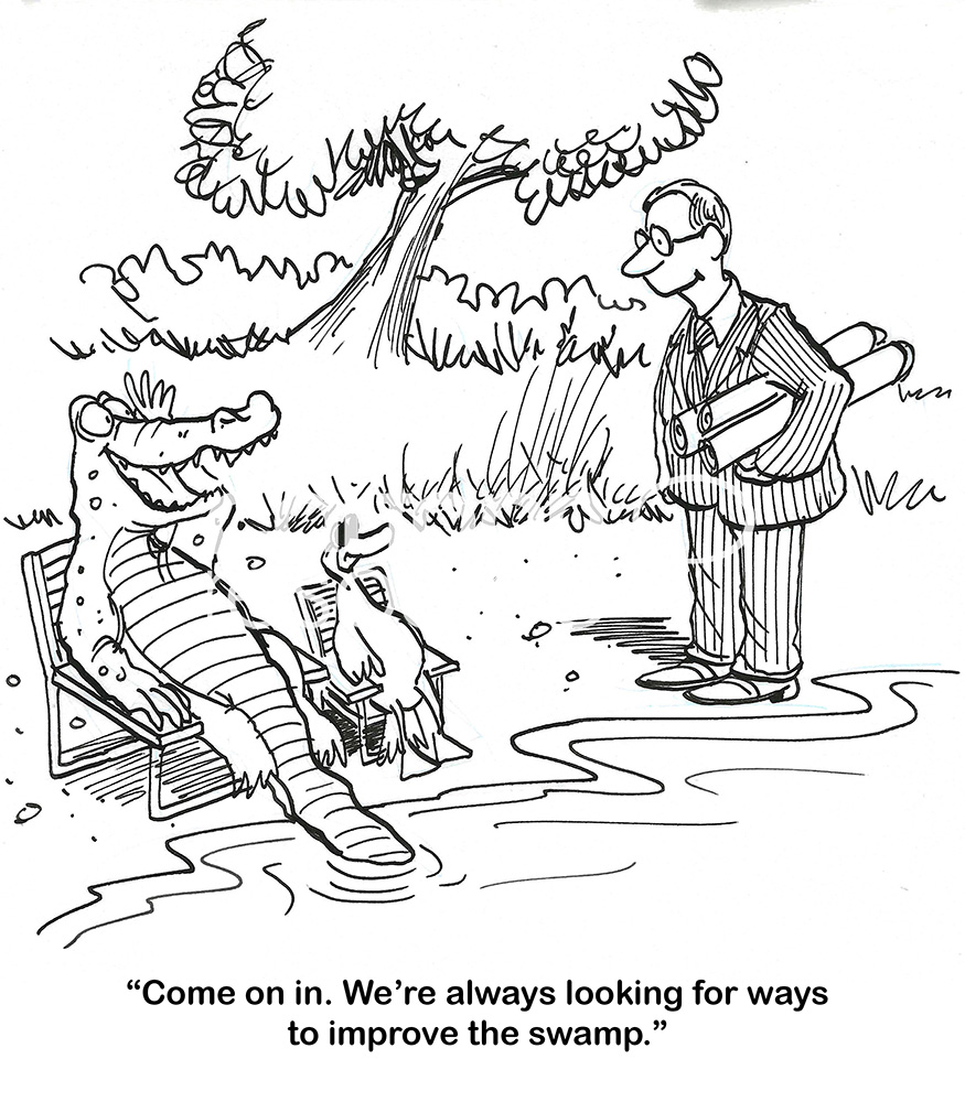 BW cartoon of an alligator saying to the human that the wildlife want to improve their swamp.