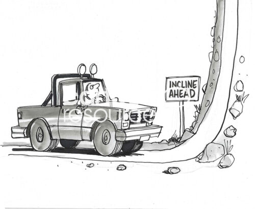 BW cartoon of an incline much too steep for the car to climb.