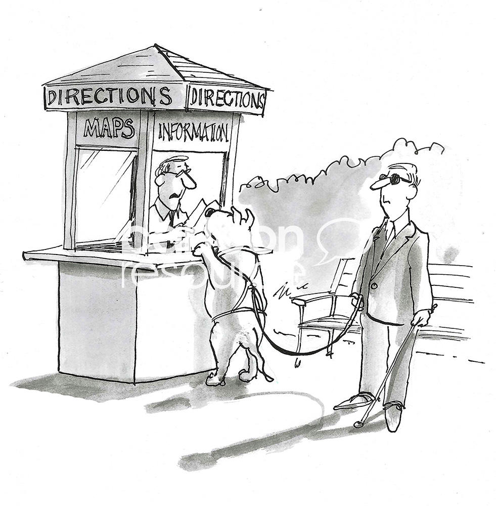 BW cartoon of a seeing eye dog receiving a map of the area so the dog can guide the blind man.