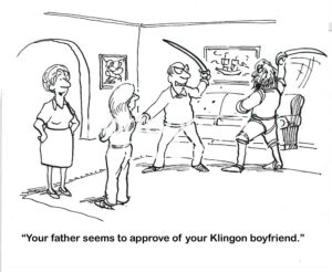 BW cartoon showing a boyfriend and girlfriend's father - they are sword fighting and seem to actually get along.