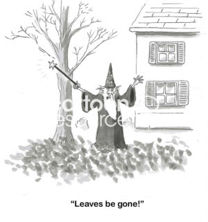 BW cartoon of a witch trying to cast a spell to have all the autumn leaves that have fallen on the ground disappear.