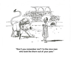 BW cartoon of a lion who has lost a paw and is angry at the man who caused this.