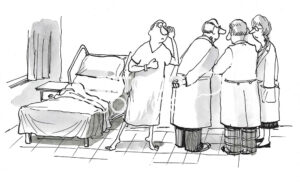 BW cartoon of a male patient listening in as the doctor team tries to define his condition.