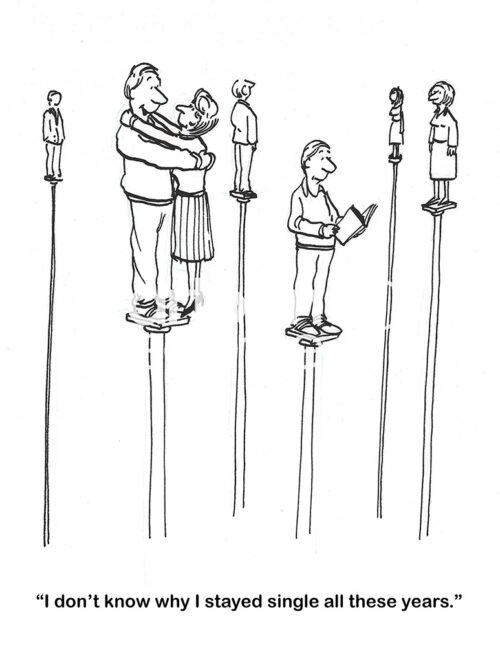 BW cartoon of single humans who live on poles. A man and a woman finally got together romantically, both on one pole.