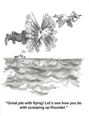 BW cartoon of a man taught how to fly by a bird. The pelican now wants the man to dive for fish.