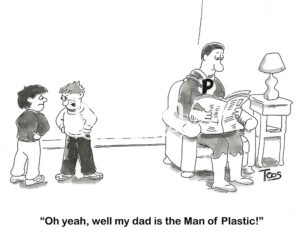 BW cartoon of two kids bragging about their 'super' Dads.