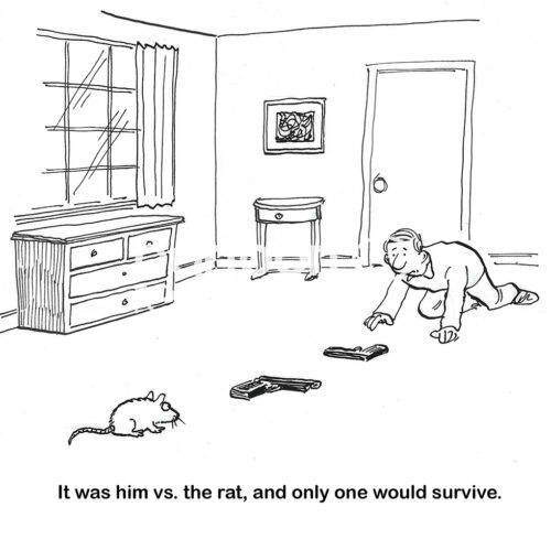 BW cartoon of a standoff between the man and the rat - they each have a handgun.