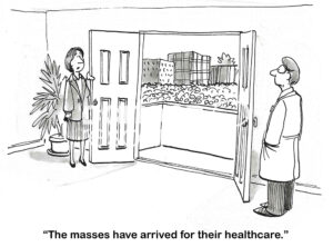 BW cartoon of medical doctors looking at throngs of people - they want better healthcare.