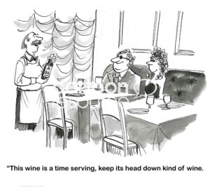 BW cartoon of a sommelier describing an everyday wine to customers.