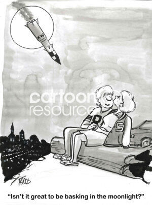 BW cartoon of a loving couple enjoying the moonlight and in for a big shock, a missile is about to hit.
