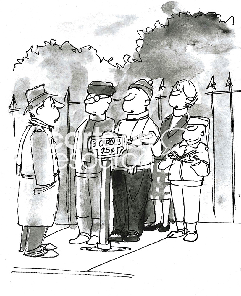 BW cartoon of three Christmas carolers who want to be paid to sing.