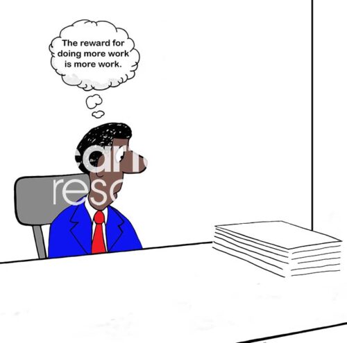 Color cartoon of a black worker who does really great work. He gets rewarded by receiving even more work!