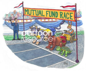 Color cartoon of a mutual fund race about to begin - racers include a bull, a bear and a tortoise.