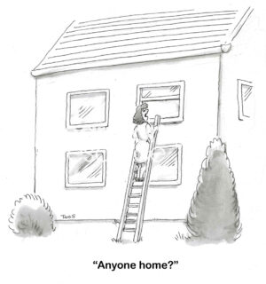 BW cartoon of a Mom at her child's second story window, hoping they will talk to her.