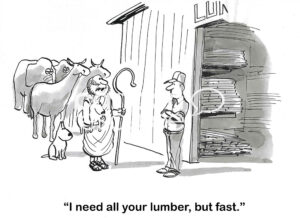 BW cartoon of Noah at a lumber yard. He needs the lumber quickly.