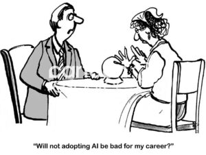 BW cartoon of a man asking a question of a gypsy fortune teller. He wonders if NOT adopting AI will hurt his career.