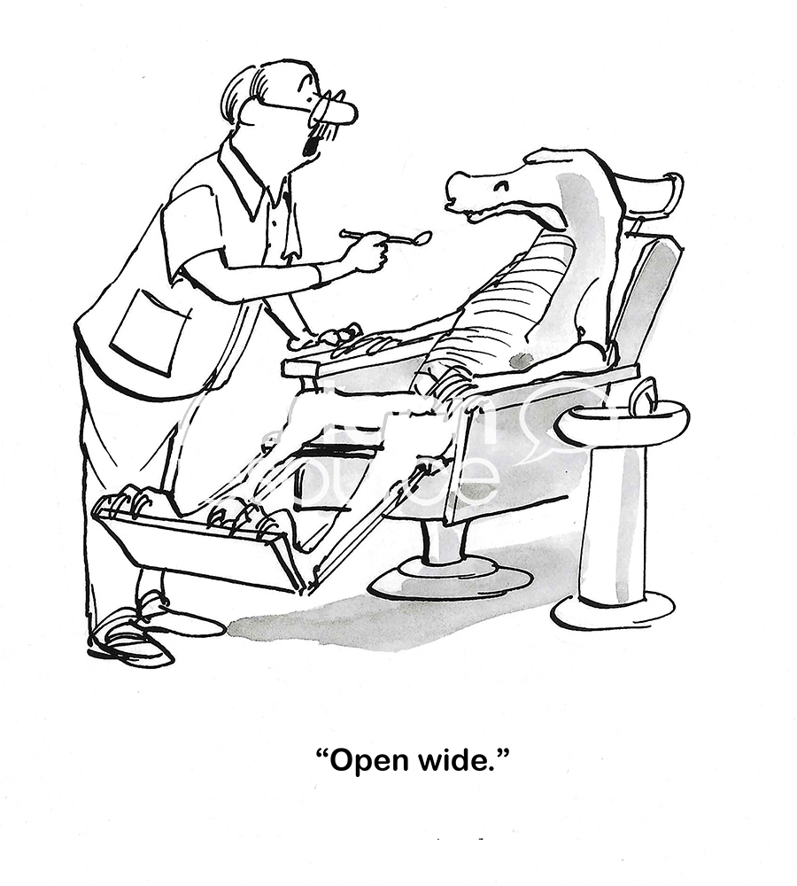 BW cartoon of a male dentist starting to work on an alligator's teeth.