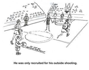 BW cartoon of a short basketball player who can only shoot really long shots.